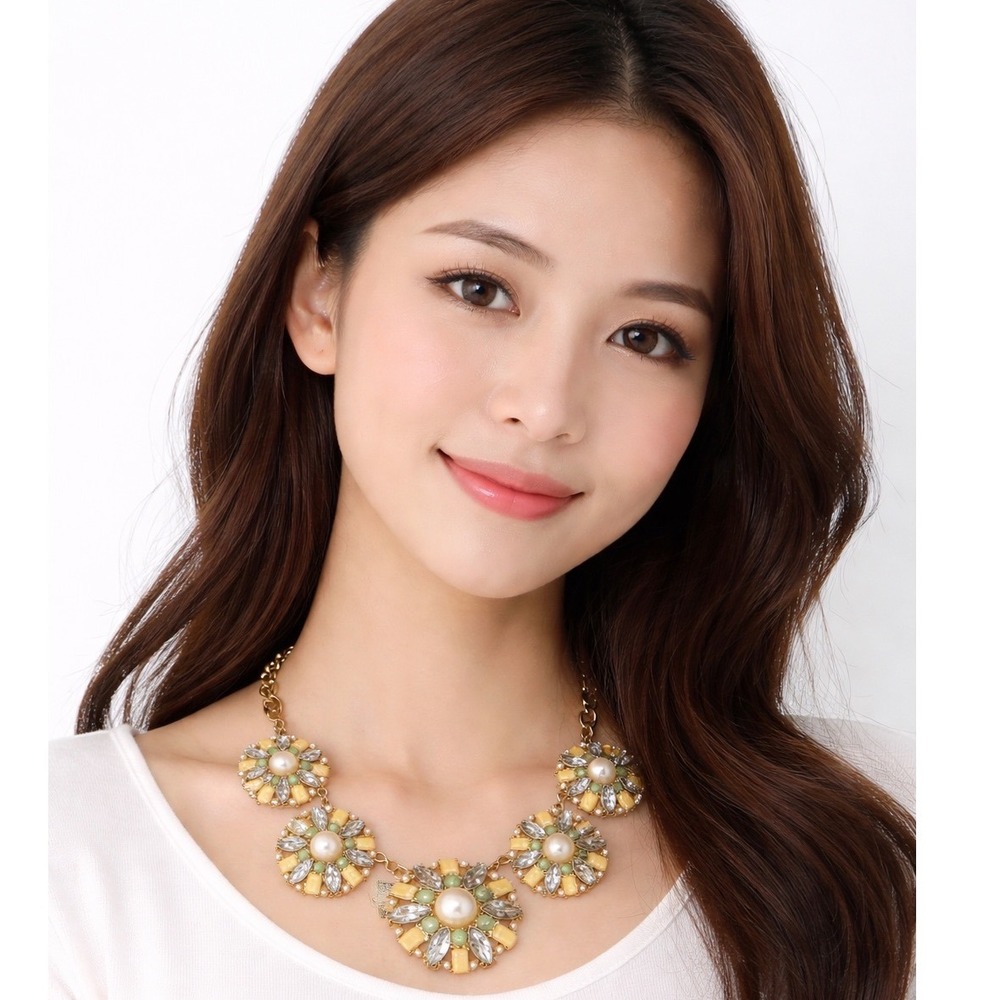 Gold Tone Floral Bib Necklace Faux Pearl Crystal Yellow Green Medallion 103-72